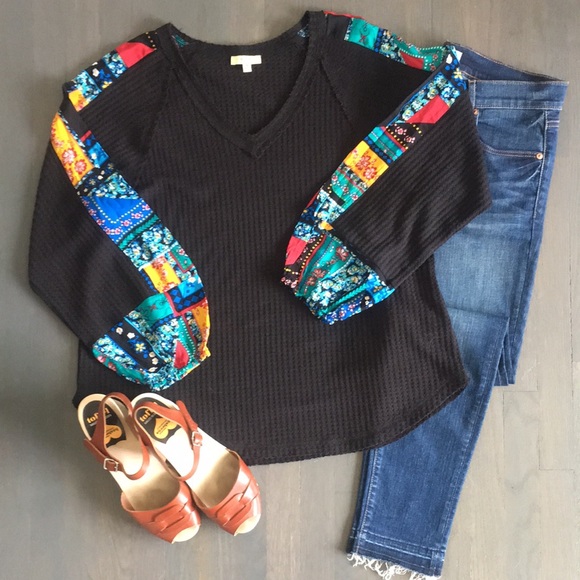 NWOT Kori Boho Waffle Knit Fabric Inset Balloon Sleeve Top, size Medium ❤️ - Picture 1 of 15